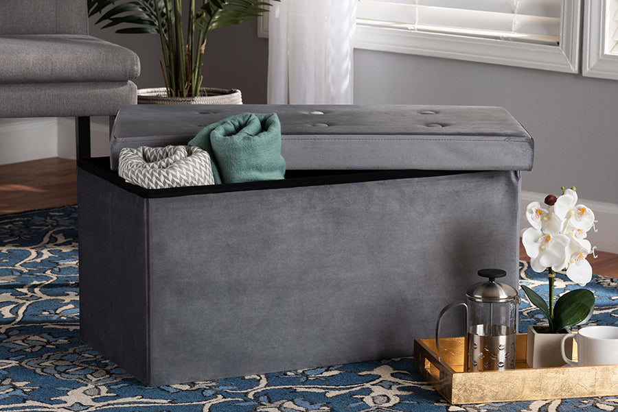 Baxton Studio Castel Modern and Contemporary Charcoal Velvet Fabric Upholstered Wood Storage Ottoman