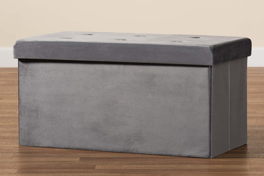 Baxton Studio Castel Modern and Contemporary Charcoal Velvet Fabric Upholstered Wood Storage Ottoman