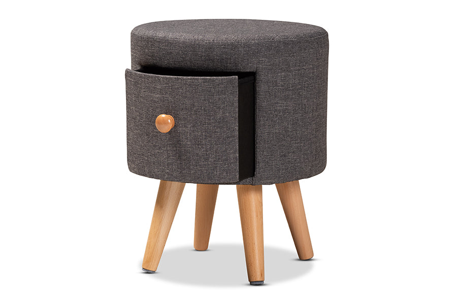 Baxton Studio Rocco Modern Transitional Dark Grey Fabric Upholstered and Oak Brown Finished Wood 1-Drawer Ottoman Stool