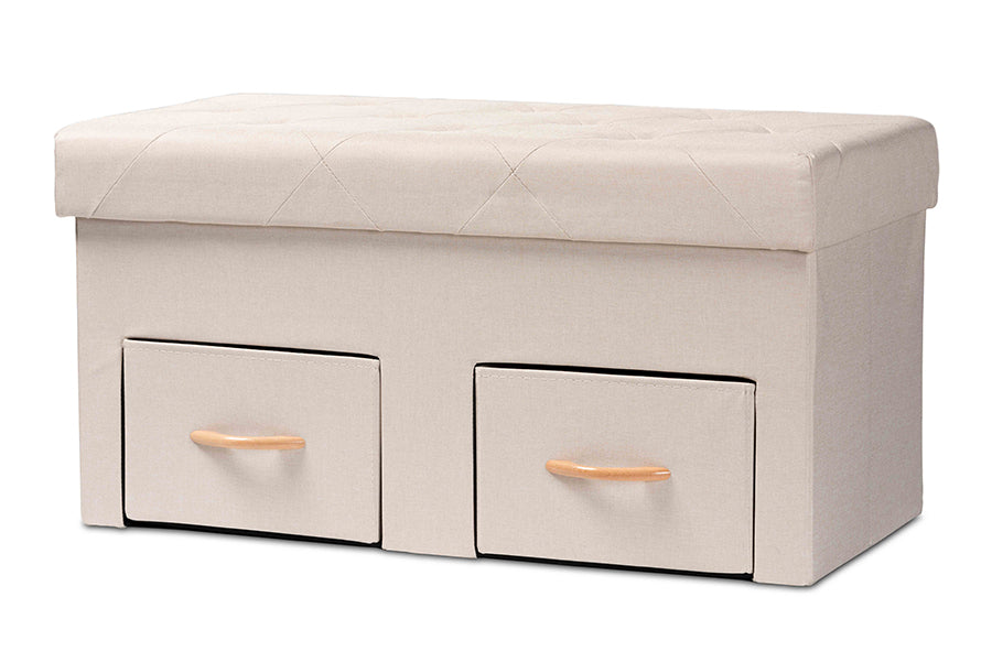 Baxton Studio Gerwin Modern and Contemporary Beige Fabric Upholstered and Oak Brown Finished Wood 2-Drawer Storage Ottoman