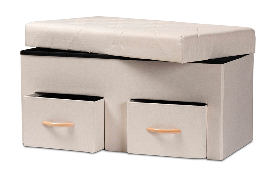 Baxton Studio Gerwin Modern and Contemporary Beige Fabric Upholstered and Oak Brown Finished Wood 2-Drawer Storage Ottoman