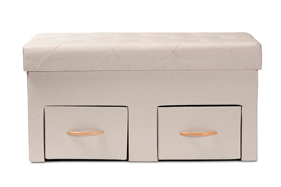 Baxton Studio Gerwin Modern and Contemporary Beige Fabric Upholstered and Oak Brown Finished Wood 2-Drawer Storage Ottoman