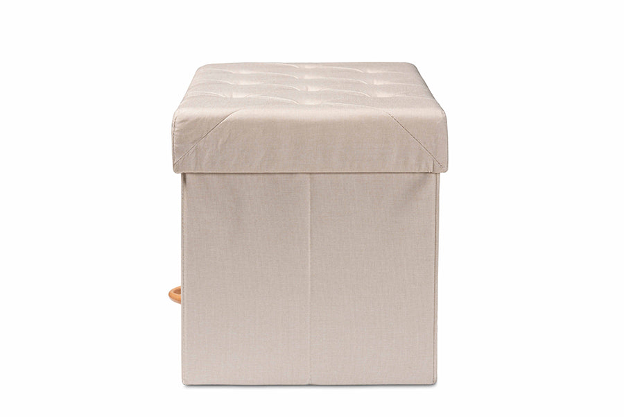 Baxton Studio Gerwin Modern and Contemporary Beige Fabric Upholstered and Oak Brown Finished Wood 2-Drawer Storage Ottoman