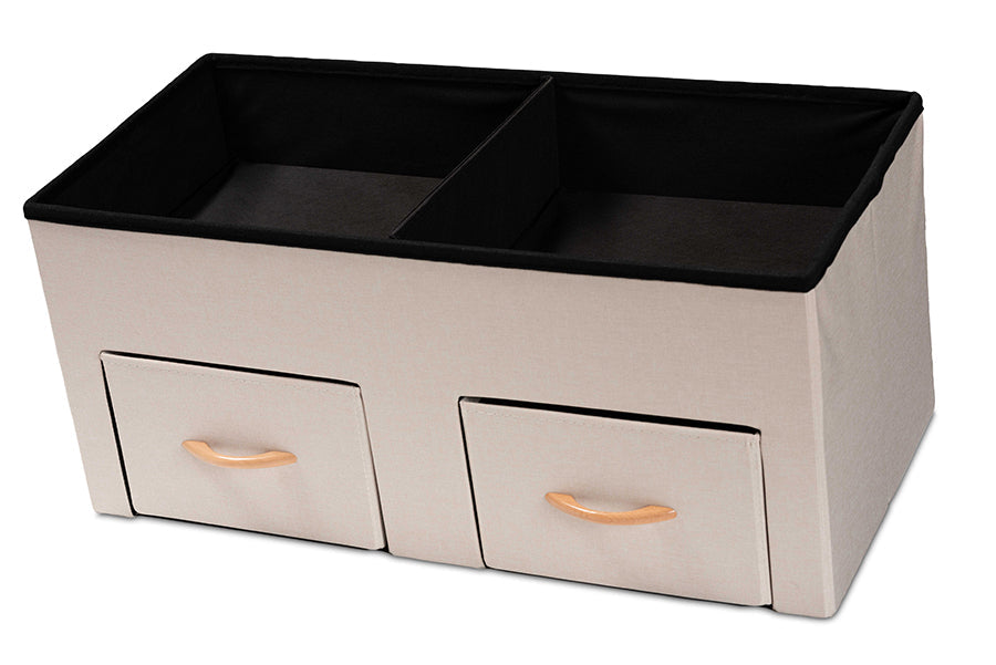 Baxton Studio Gerwin Modern and Contemporary Beige Fabric Upholstered and Oak Brown Finished Wood 2-Drawer Storage Ottoman
