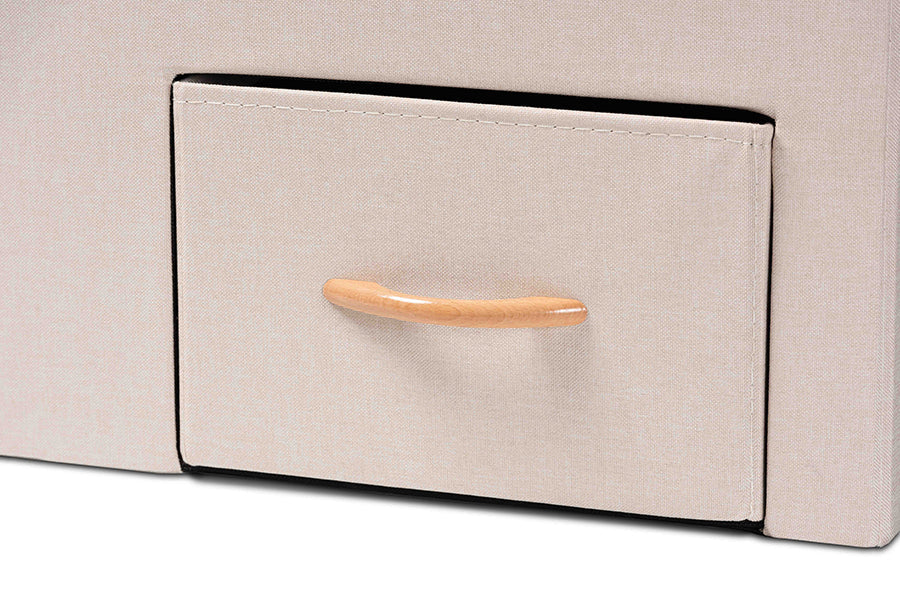 Baxton Studio Gerwin Modern and Contemporary Beige Fabric Upholstered and Oak Brown Finished Wood 2-Drawer Storage Ottoman