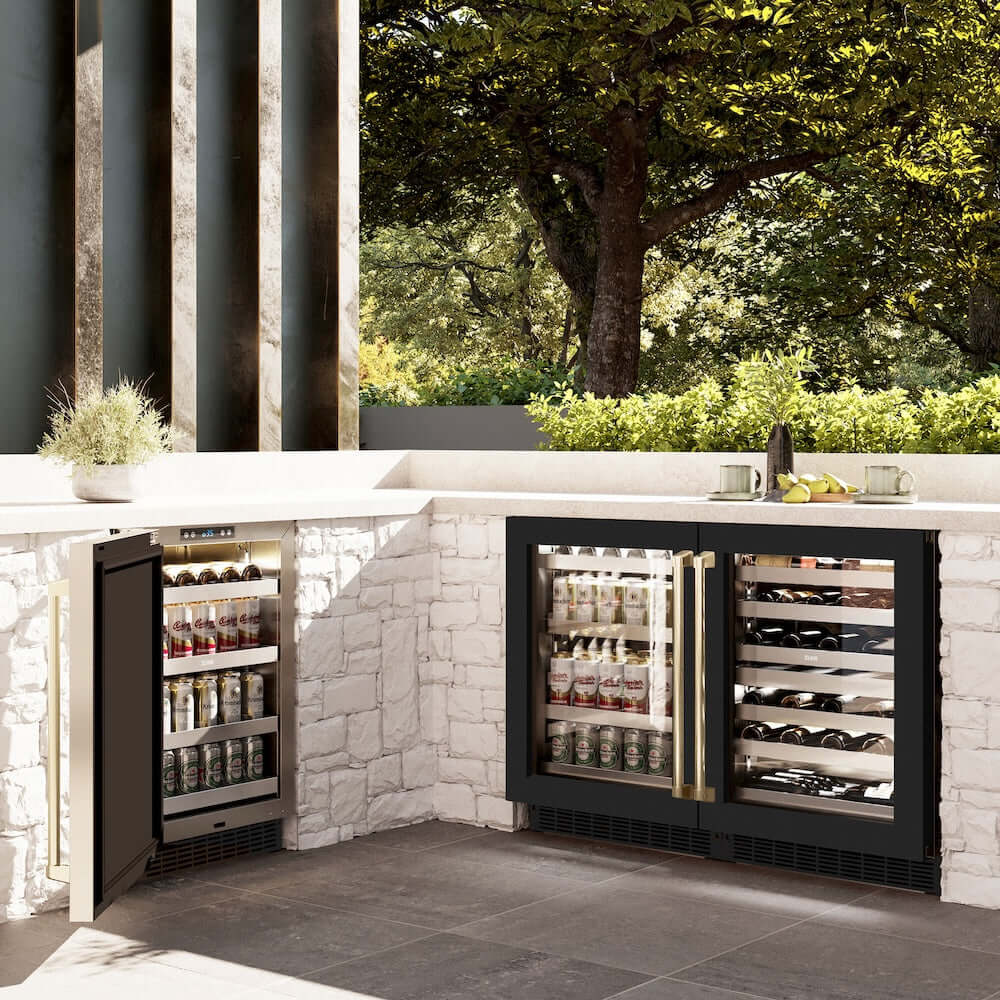 ZLINE 24" Touchstone Dual Zone 44 Bottle Wine Cooler Black Matte Glass Door Champagne Bronze Handle RWDOZ-BLM-24-CB