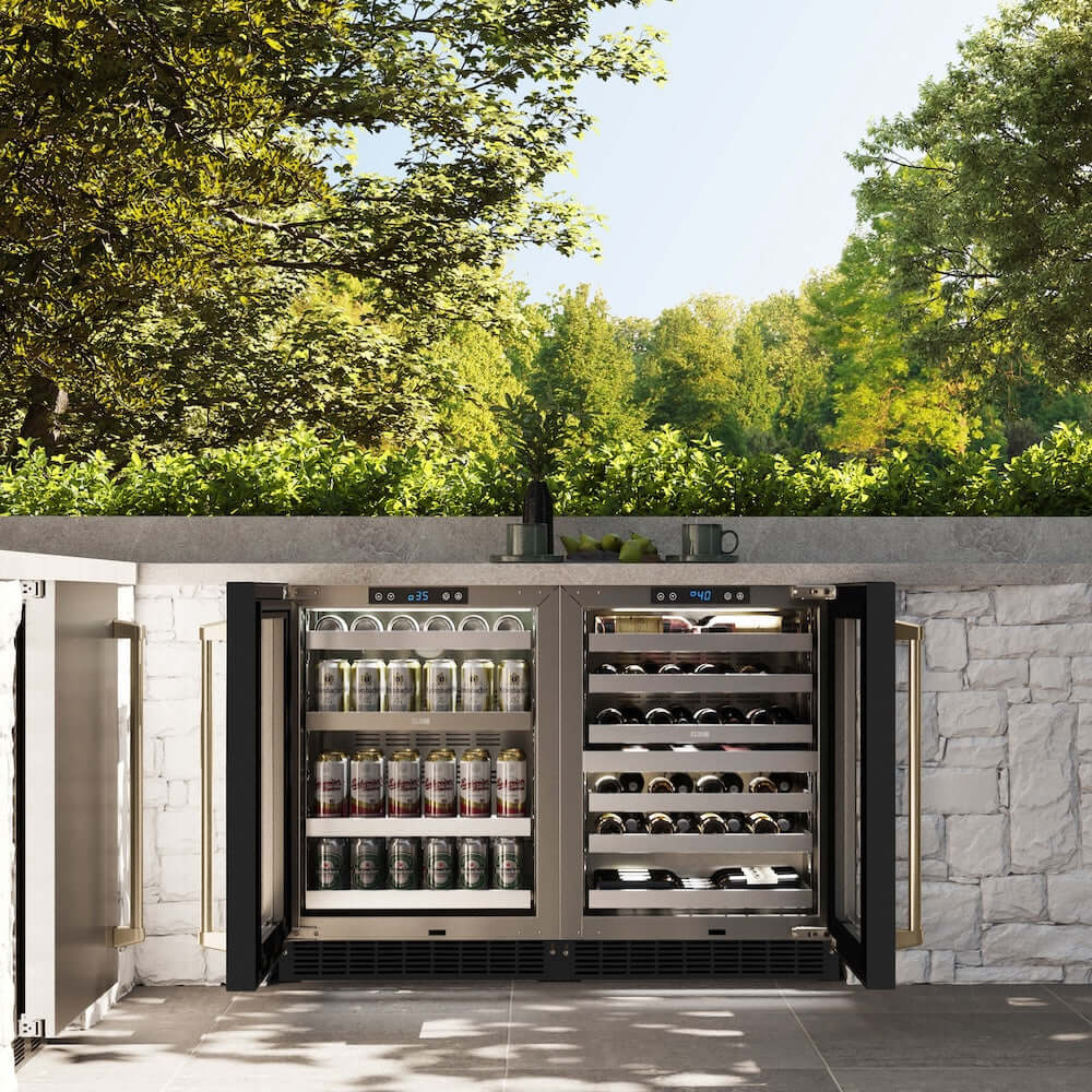 ZLINE 24" Touchstone Dual Zone 44 Bottle Wine Cooler Black Matte Glass Door Polished Gold Handle RWDOZ-BLM-24-G