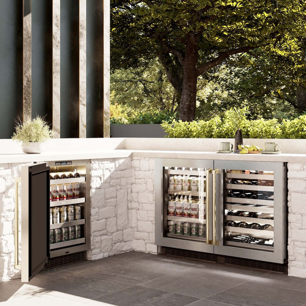 ZLINE 24" Touchstone Dual Zone 44 Bottle Wine Cooler White Matte Glass Door Polished Gold Handle RWDOZ-WM-24-G