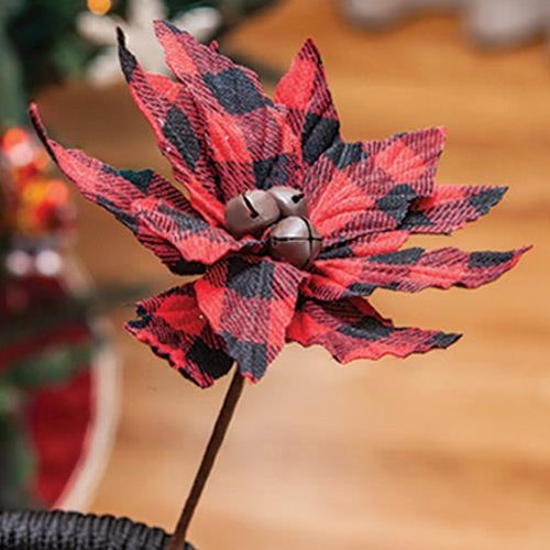 Buffalo Check Jingle Bell Poinsetta Stem 7" (Pack of 4)