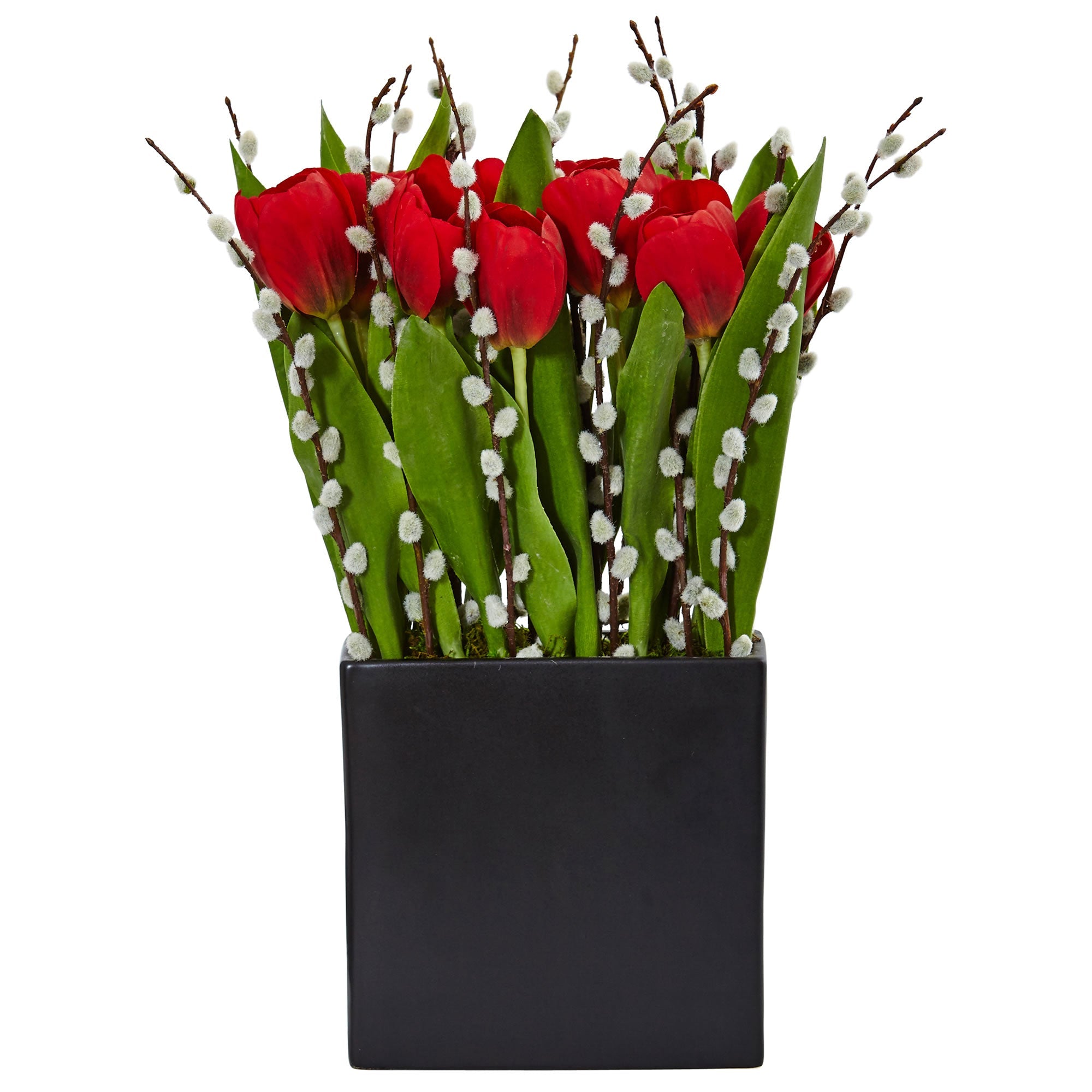Tulips and Willow in Black Square Vase