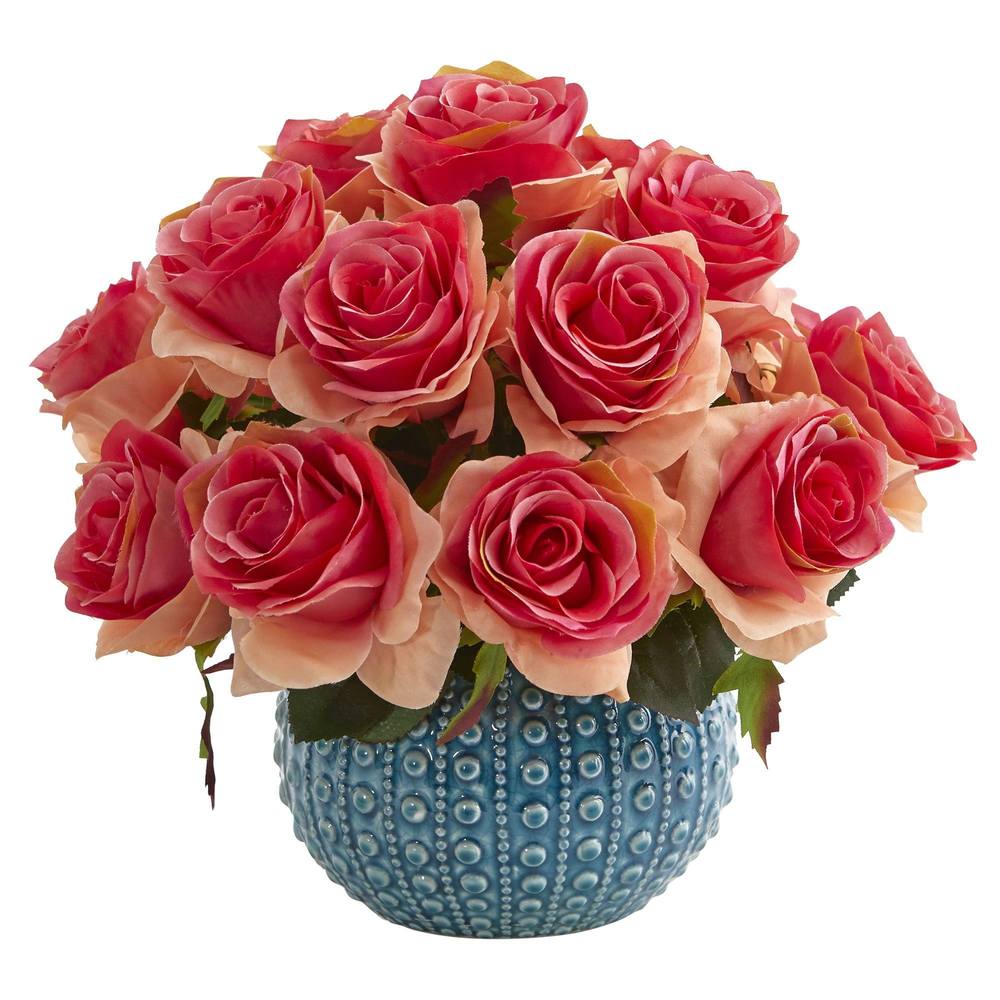 11.5’'Rose Artificial Arrangement in Blue Ceramic Vase