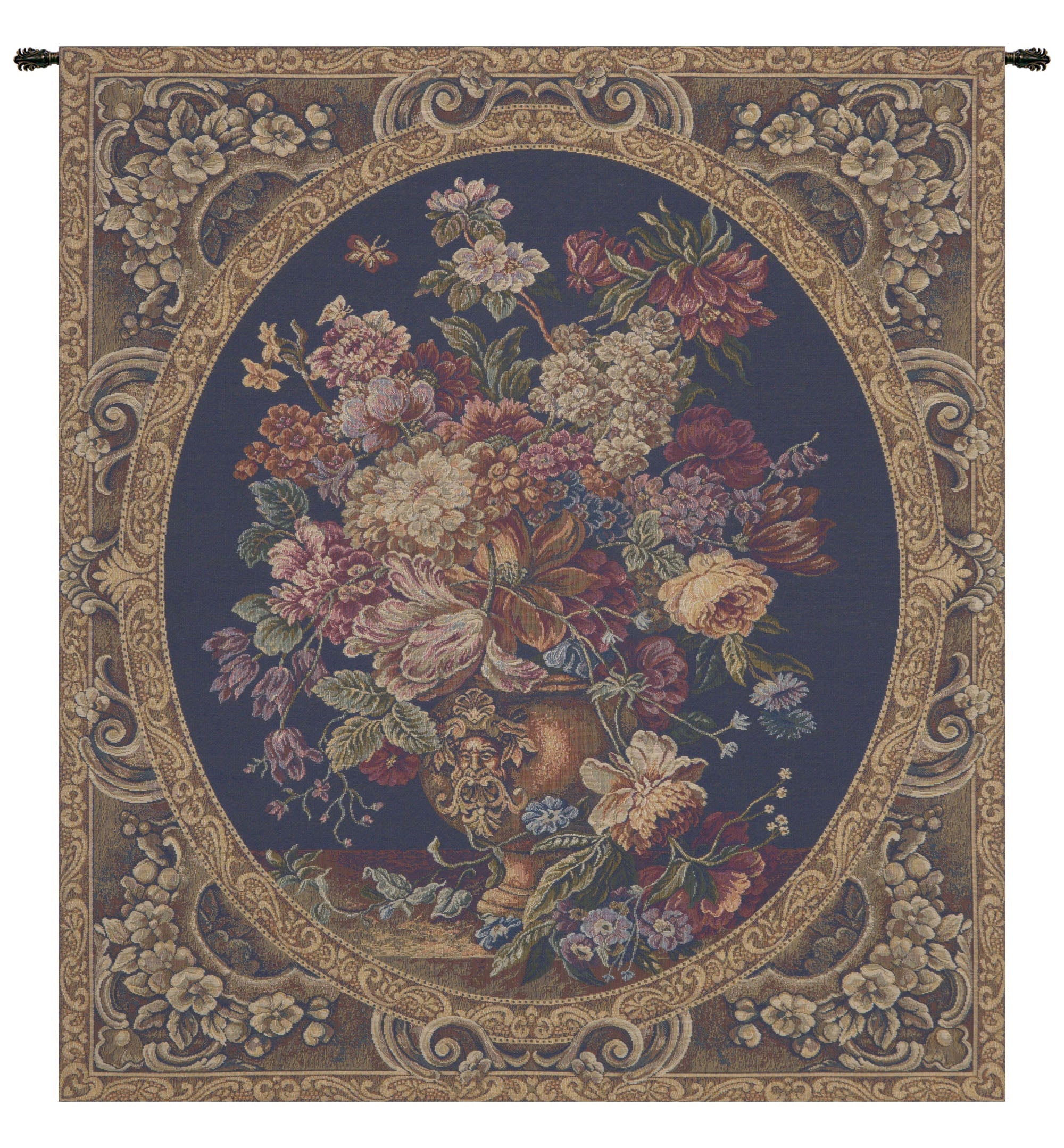 Floral Composition in Vase Dark Blue Italian Tapestry