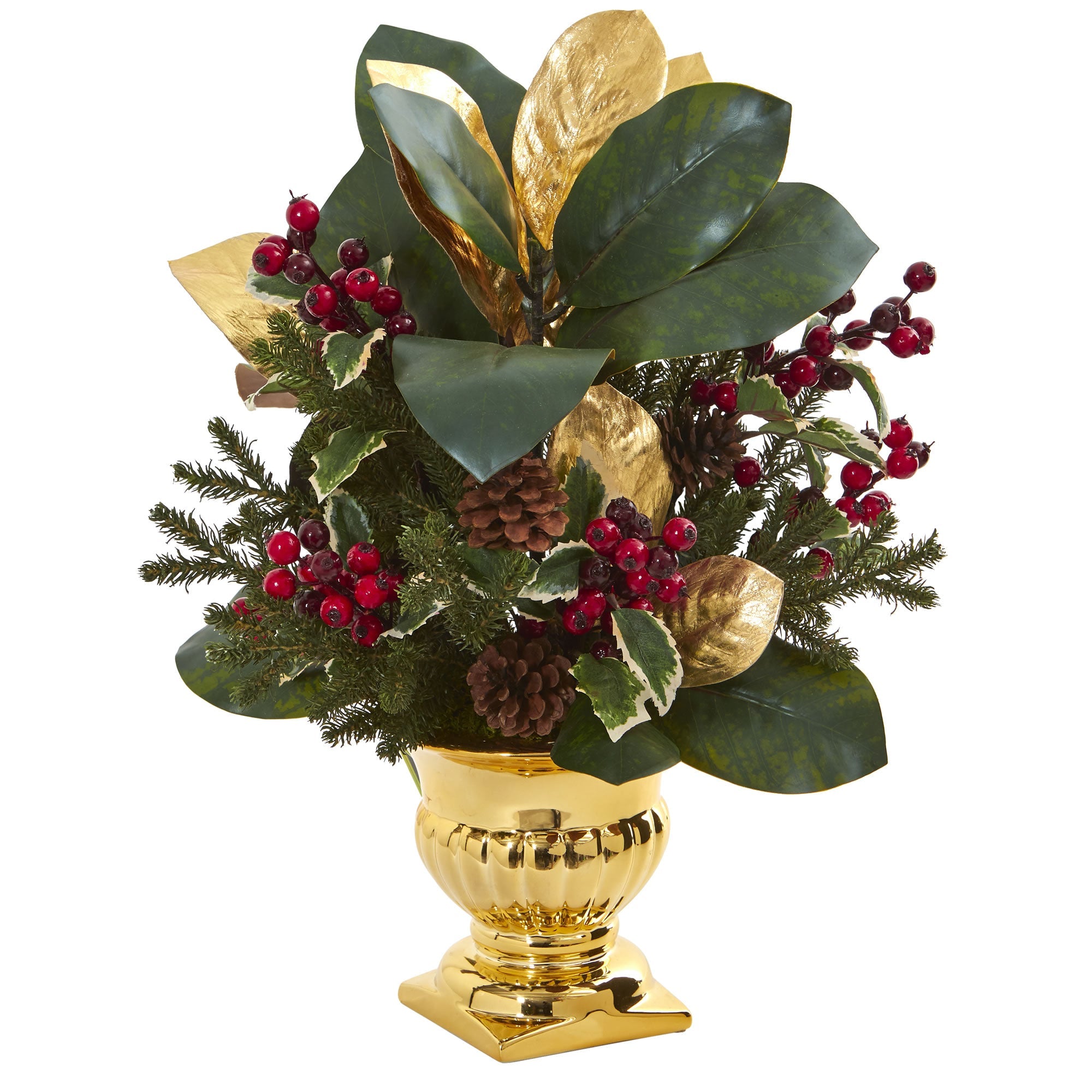 20" Magnolia Leaf & Holly Berry Artificial Arrangement in Gold Urn