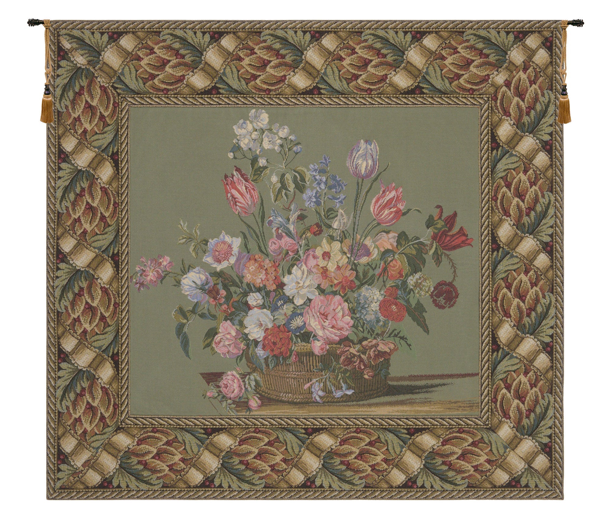 Flower Basket Green European Tapestry