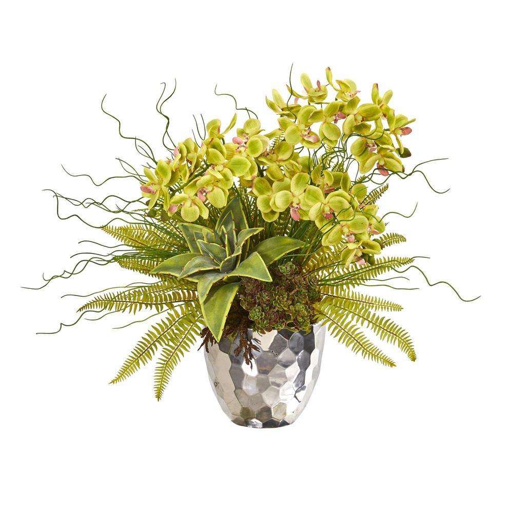 25" Phalaenopsis Orchid, Succulent and Fern Artificial Arrangement in Silver Vase