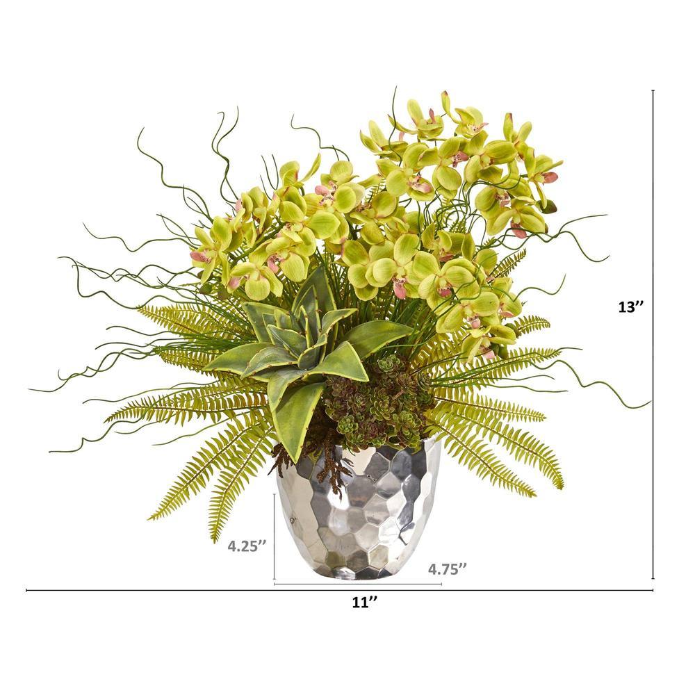 25" Phalaenopsis Orchid, Succulent and Fern Artificial Arrangement in Silver Vase