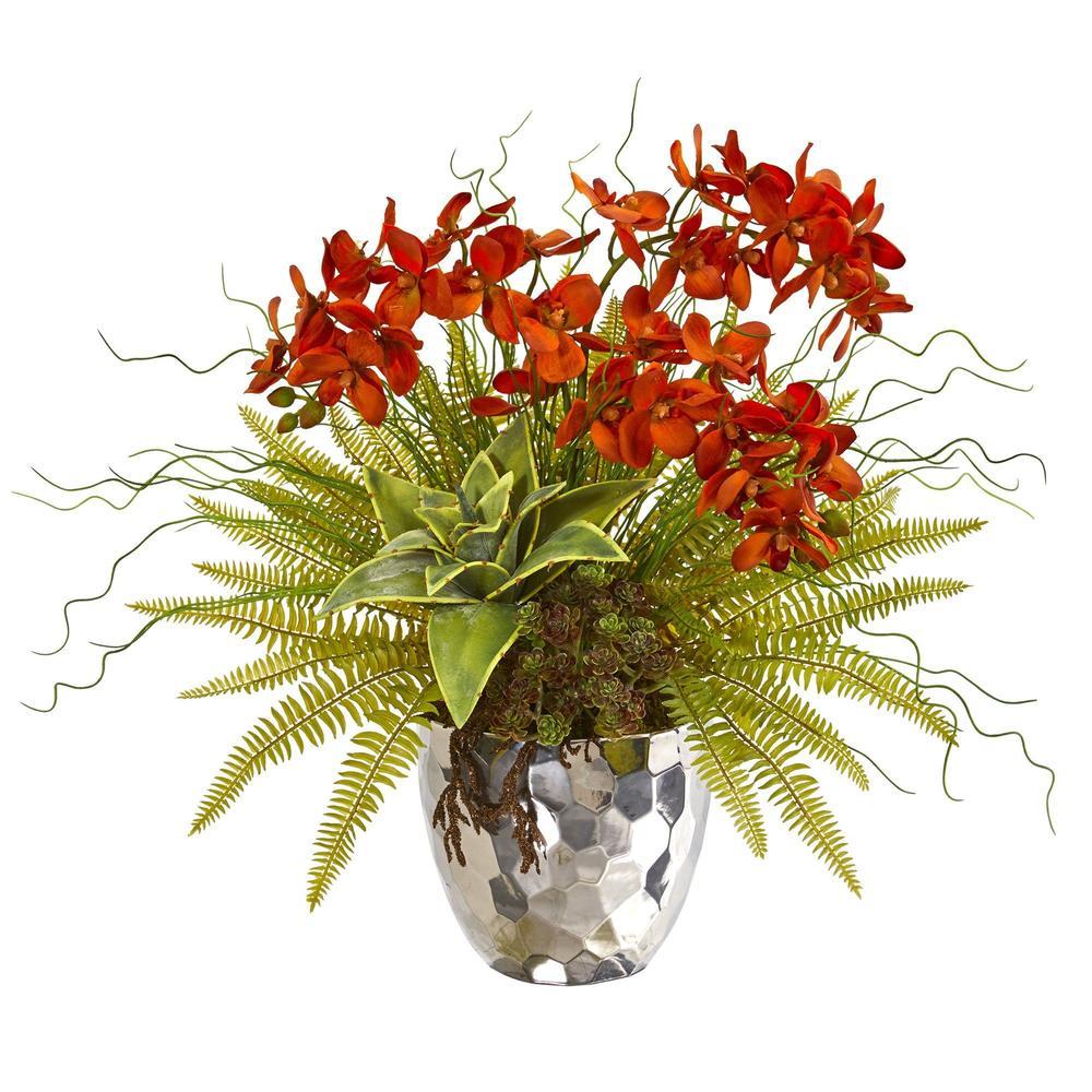 25" Phalaenopsis Orchid, Succulent and Fern Artificial Arrangement in Silver Vase