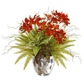 25" Phalaenopsis Orchid, Succulent and Fern Artificial Arrangement in Silver Vase