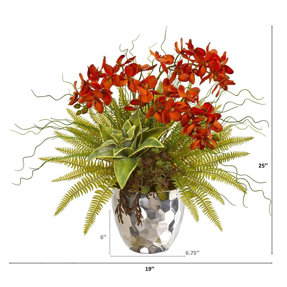 25" Phalaenopsis Orchid, Succulent and Fern Artificial Arrangement in Silver Vase