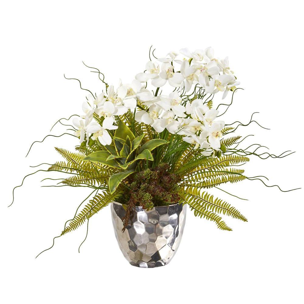 25" Phalaenopsis Orchid, Succulent and Fern Artificial Arrangement in Silver Vase