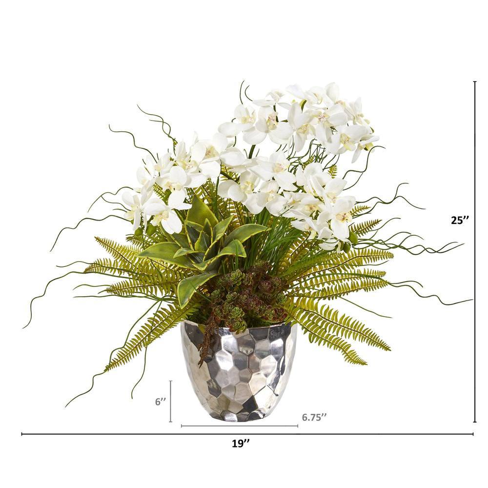 25" Phalaenopsis Orchid, Succulent and Fern Artificial Arrangement in Silver Vase