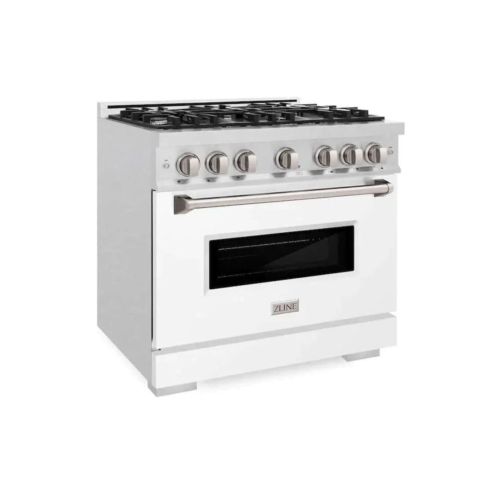 ZLINE 36" Dual Fuel Range, Gas Cooktop, Electric Convection Oven DuraSnow® Stainless Steel, White Matte Door CDRS-WM-36