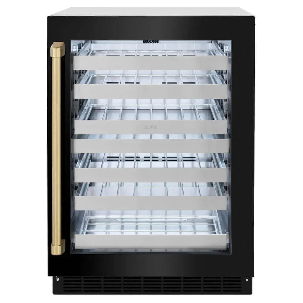 ZLINE 24" Touchstone Dual Zone 44 Bottle Wine Cooler Black Stainless Steel Glass Door Champagne Bronze Handle  RWDOZ-BS-24-CB