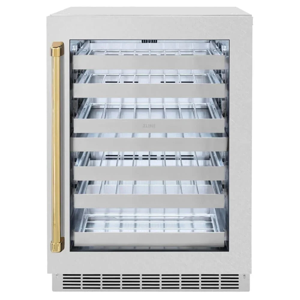 ZLINE 24" Touchstone Dual Zone 44 Bottle Wine Cooler DuraSnow® Stainless Steel Glass Door Polished Gold Handle RWDOZ-SN-24-G