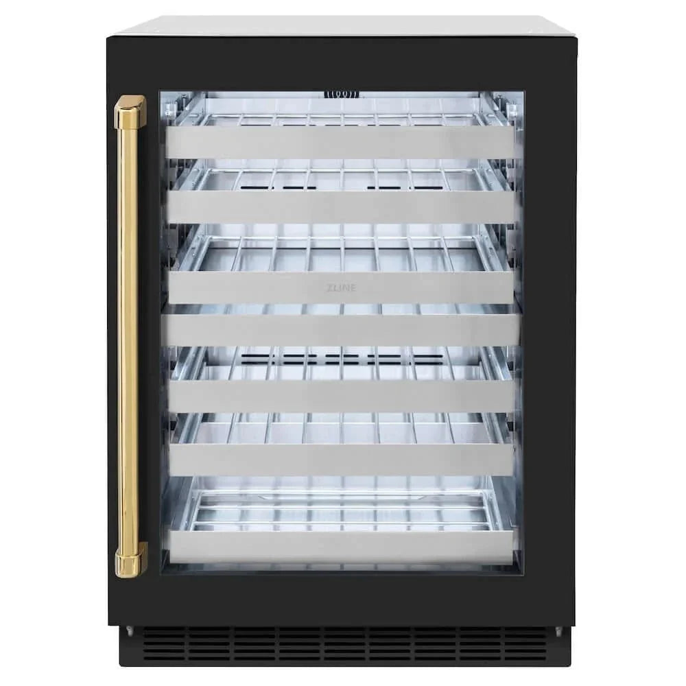 ZLINE 24" Touchstone Dual Zone 44 Bottle Wine Cooler Black Matte Glass Door Polished Gold Handle RWDOZ-BLM-24-G