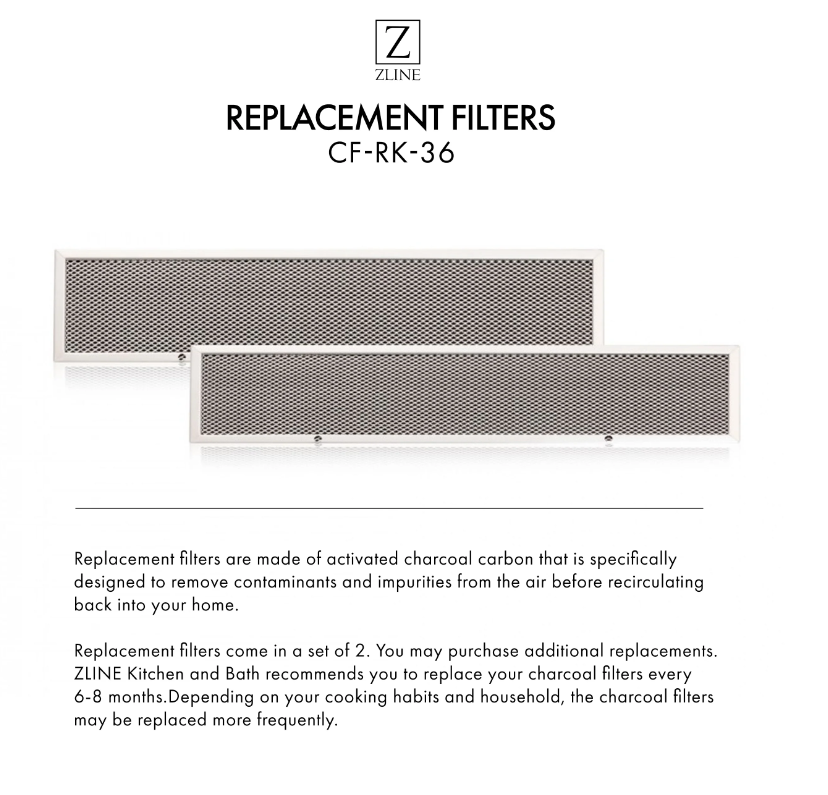 ZLINE Charcoal Filters (Set of 2) for 36" Under Cabinet Range Hoods, CF-RK-36