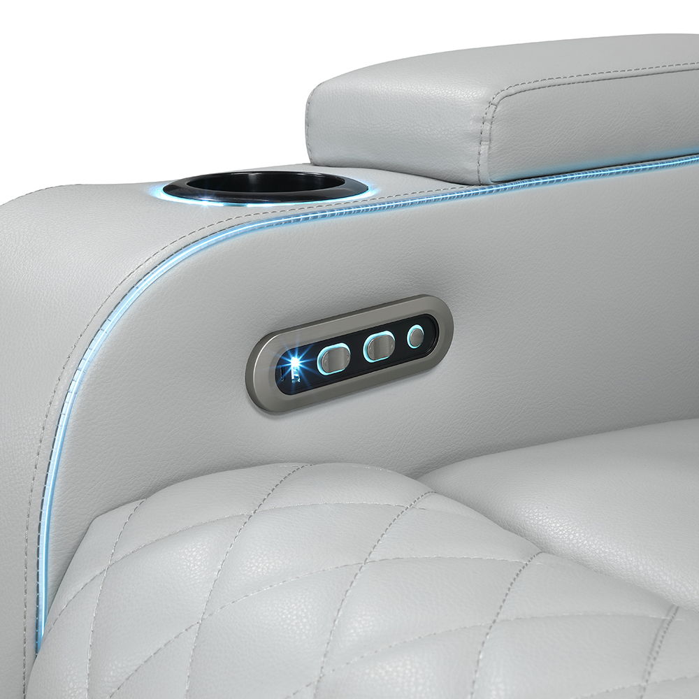 Elonzo - Power Motion Sofa With LED, Power Headrest & Speaker - Light Gray
