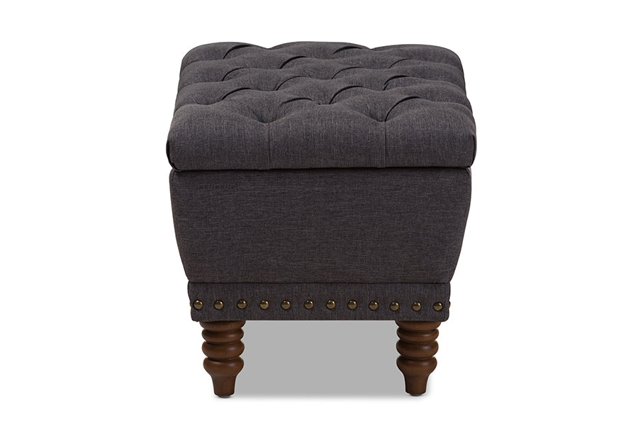 Baxton Studio Annabelle Modern and Contemporary Dark Grey Fabric Upholstered Walnut Wood Finished Button-Tufted Storage Ottoman