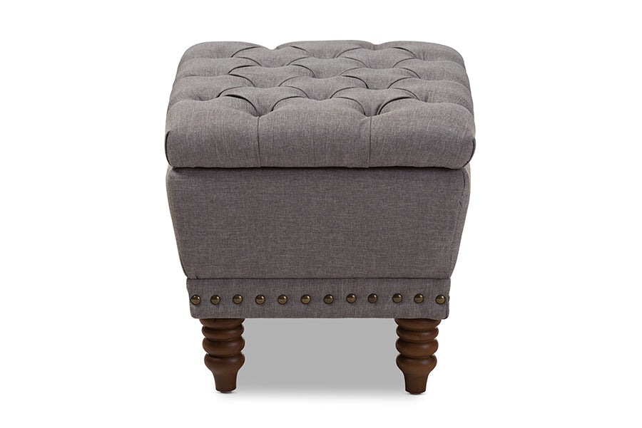 Baxton Studio Annabelle Modern and Contemporary Light Grey Fabric Upholstered Walnut Wood Finished Button-Tufted Storage Ottoman