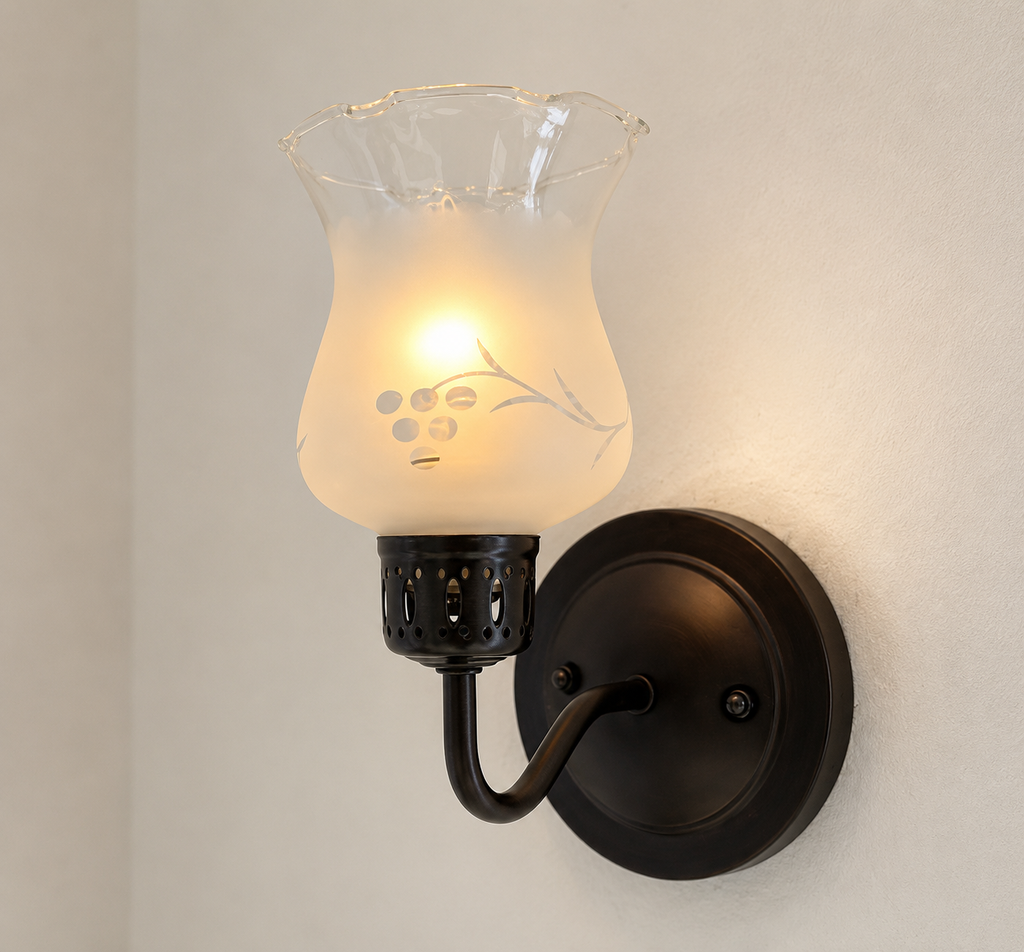 RETRO Etched Antique 1960's Glass Wall Sconce Light Fixture