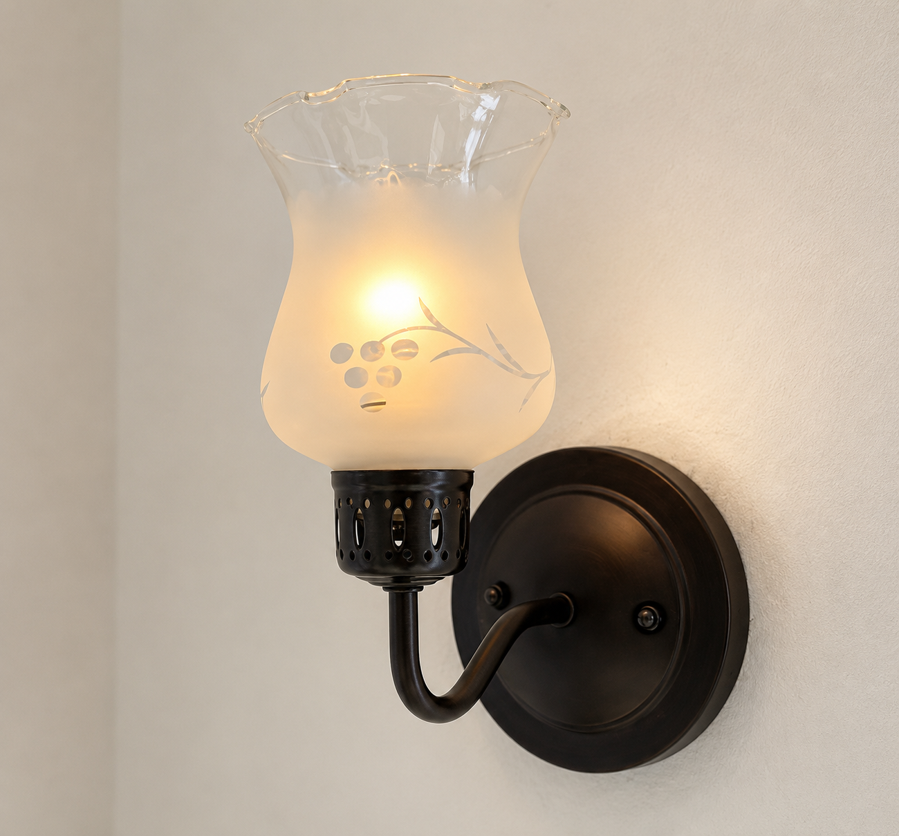 RETRO Etched Antique 1960's Glass Wall Sconce Light Fixture