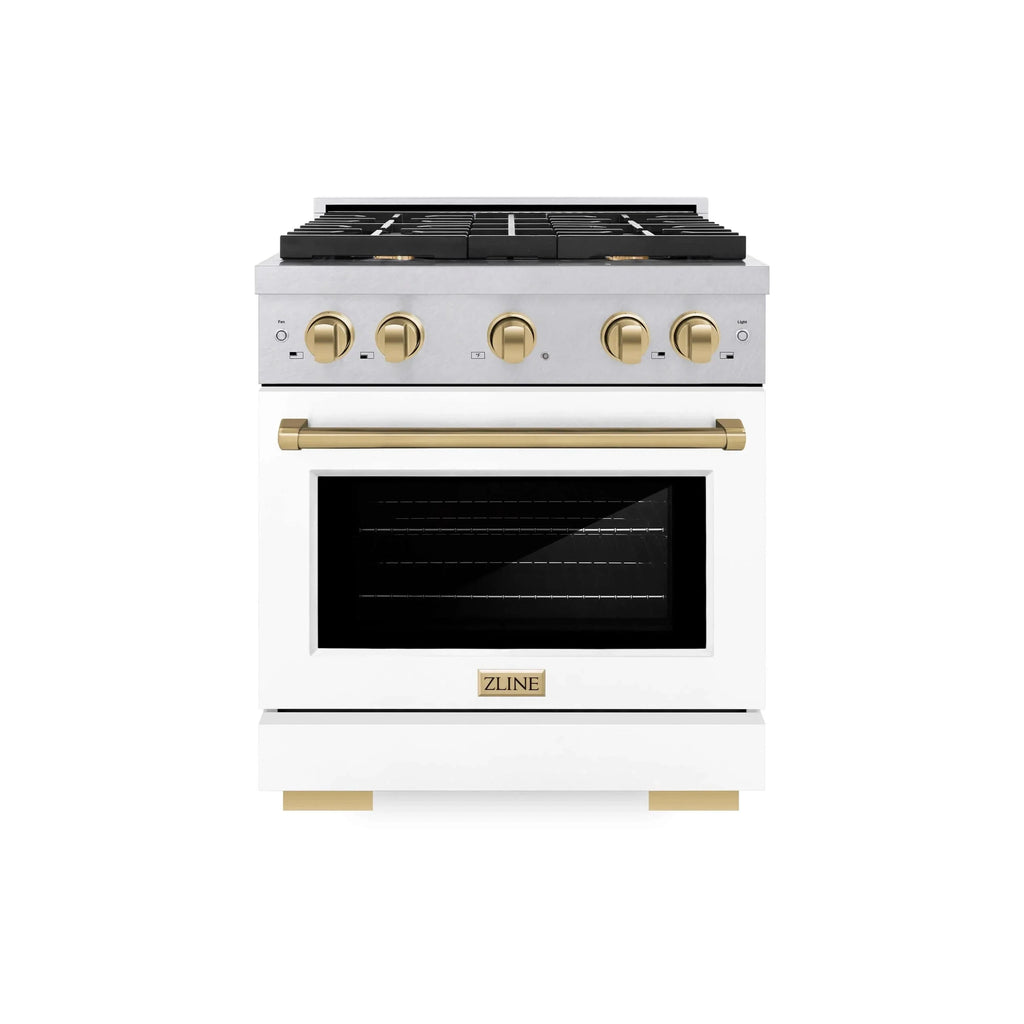ZLINE 30"Paramount Dual Fuel Range DuraSnow® White Matte, Champagne Bronze SDRSZ-WM-30-CB