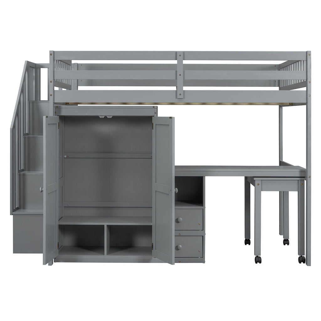 Loft Bed With Stairs, Bookshelf, Drawers, Desk & Wardrobe, Space Saving Multifunctional Furniture