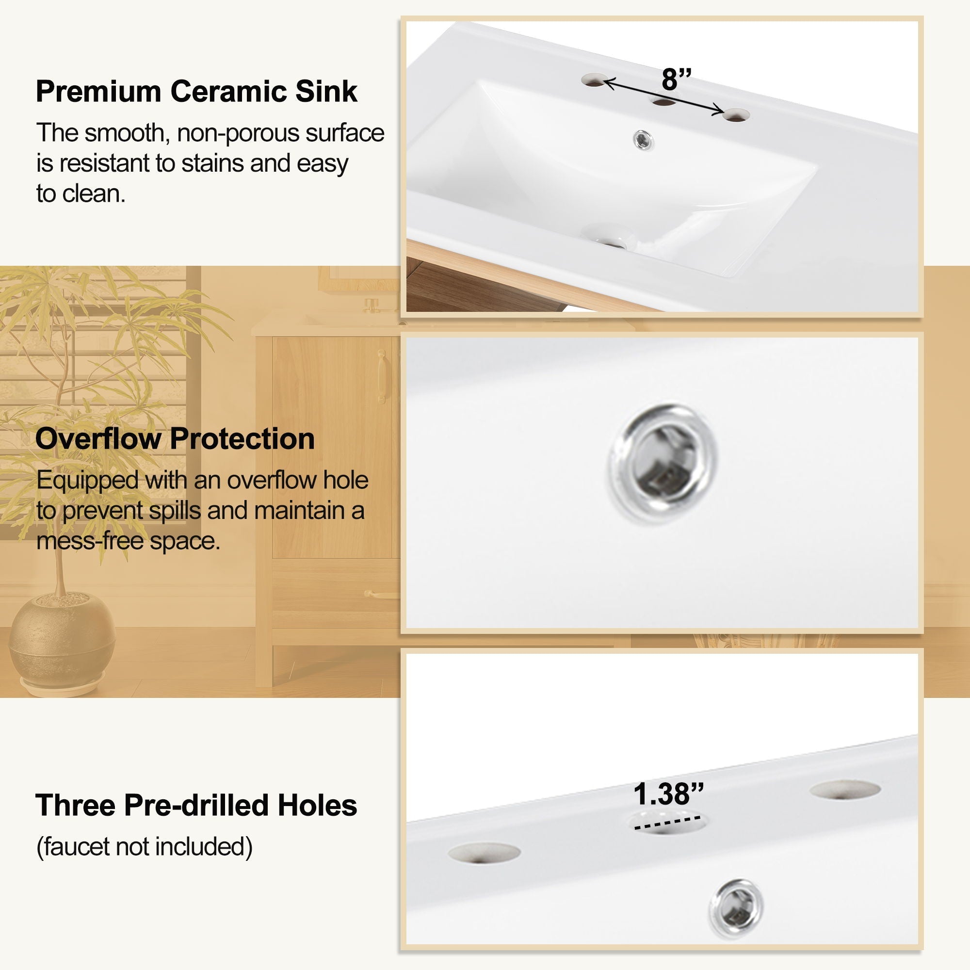 36" Bathroom Vanity, 2 Soft Close Doors, 4 Soft Close Drawers, Adjustable Shelf, Storage Cabinet - Acacia Wood