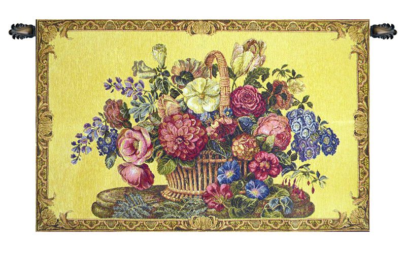 Flower Basket with Yellow Chenille Background Italian Tapestry