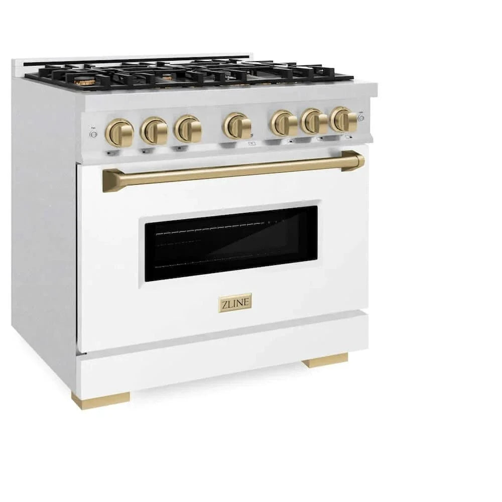 ZLINE 36" Dual Fuel Range, Gas Cooktop, Electric Convection Oven DuraSnow® Stainless Steel, White Matte Door Champagne Bronze CDRSZ-WM-36-CB
