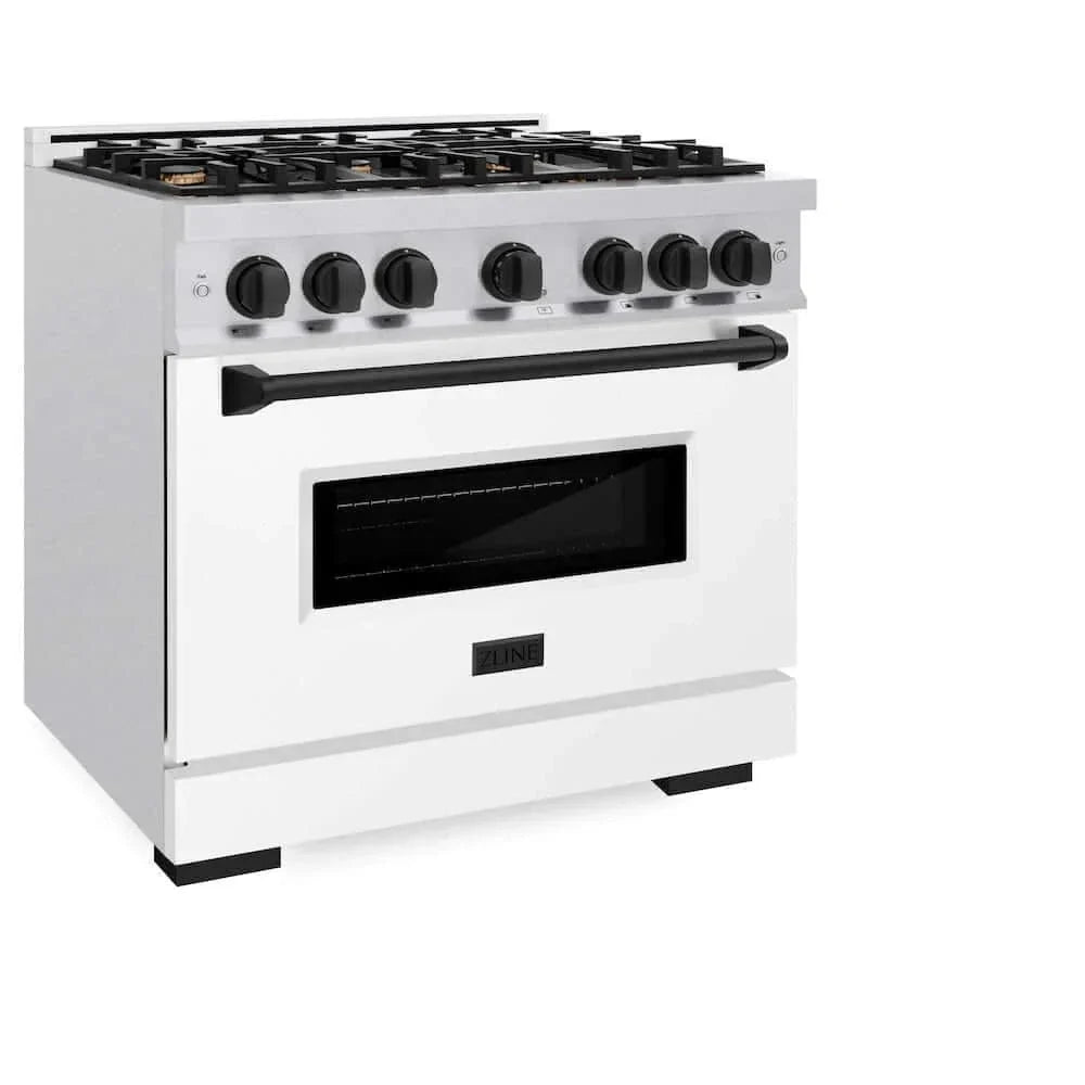 ZLINE 36" Dual Fuel Range, Gas Cooktop, Electric Convection Oven DuraSnow® Stainless Steel, White Matte Door Matte Black CDRSZ-WM-36-MB