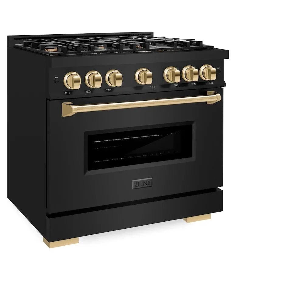 ZLINE 36" Classic Gas Range, Convection Gas Oven Black Stainless Steel, Gold CGRBZ-36-G