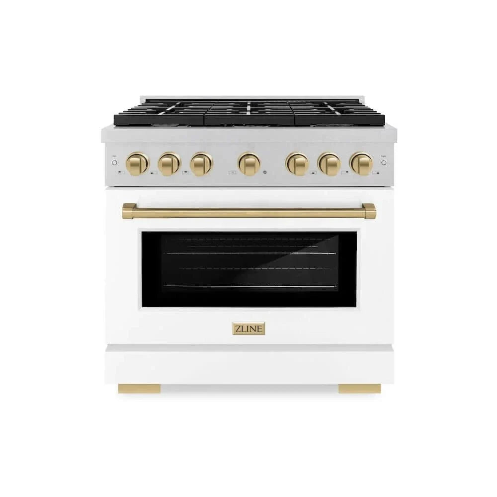 ZLINE 36"Gas Range, Convection Gas Oven, DuraSnow® White Matte, Champagne Bronze SGRSZ-WM-36-CB