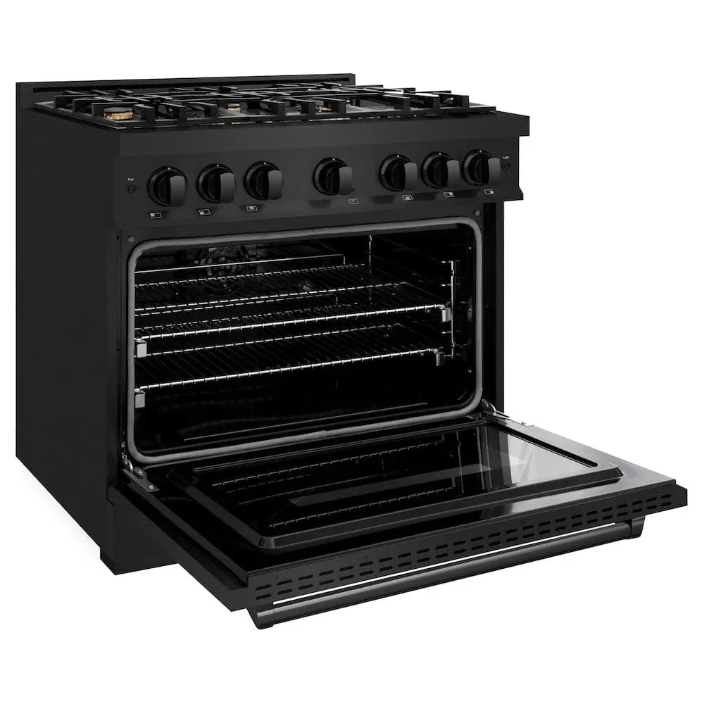 ZLINE 36" Dual Fuel Range, Gas Cooktop, Electric Convection Oven Black Stainless Steel Brass Burners, CDRB-BR-36