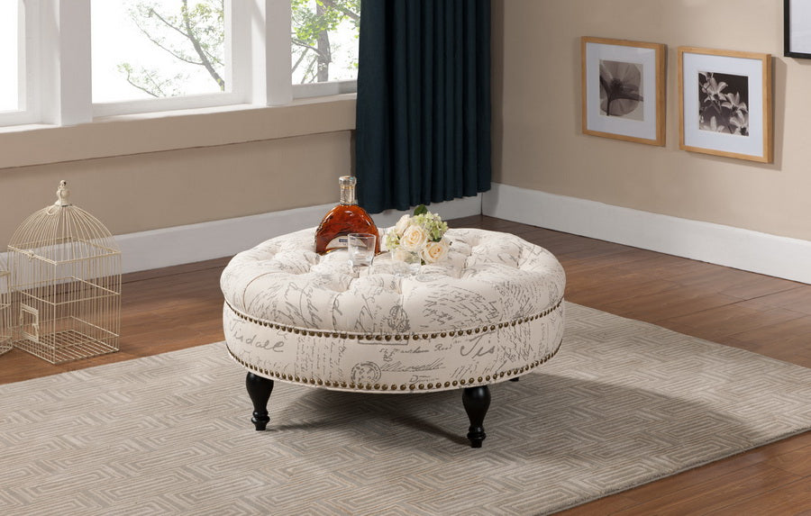 Baxton Studio Palfrey Beige Script Print Modern Tufted Ottoman
