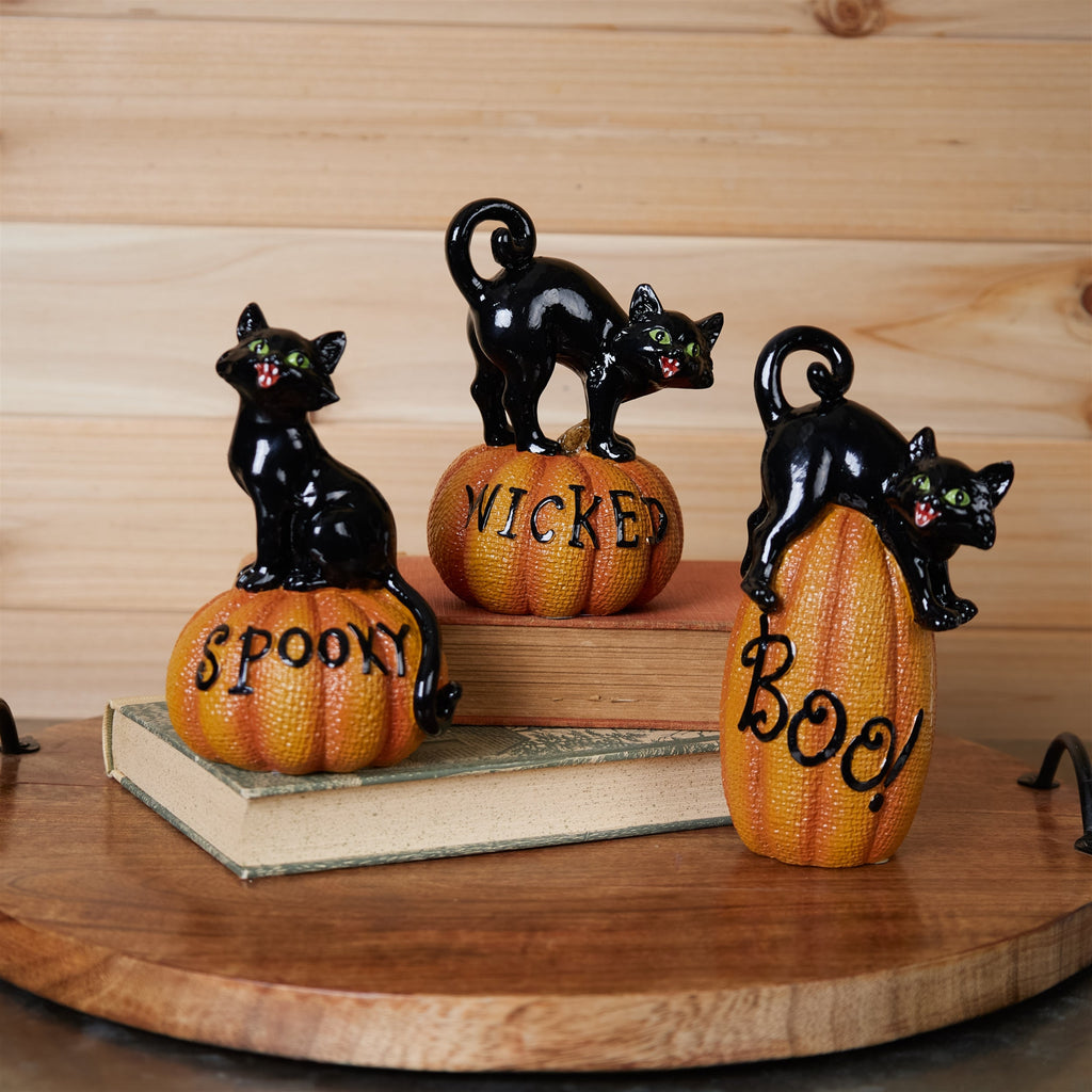 Black Cat on Pumpkin Figurine (Set of 3)