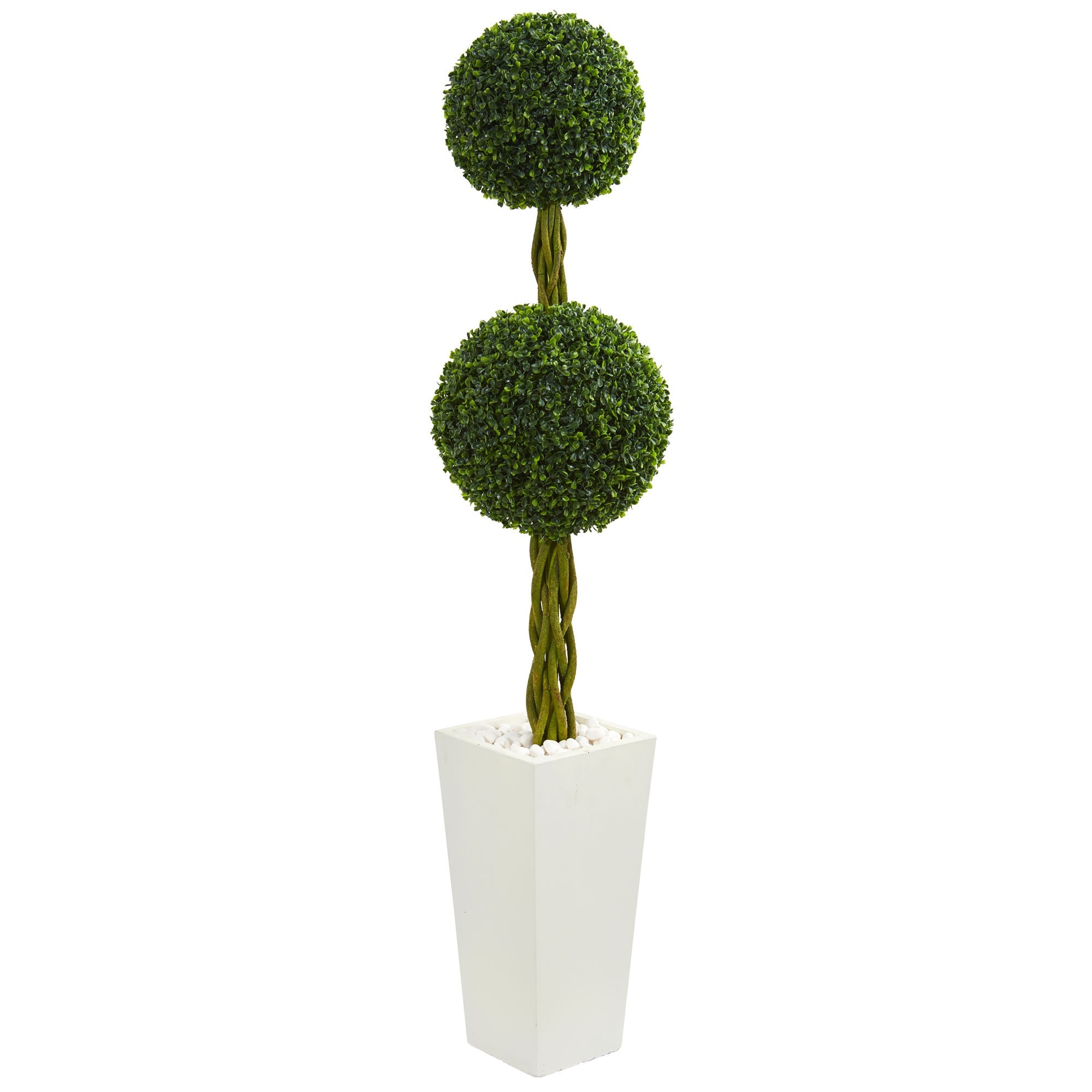5'Double Ball Boxwood Topiary Artificial Tree in White Tower Planter UV Resistant (Indoor/Outdoor)
