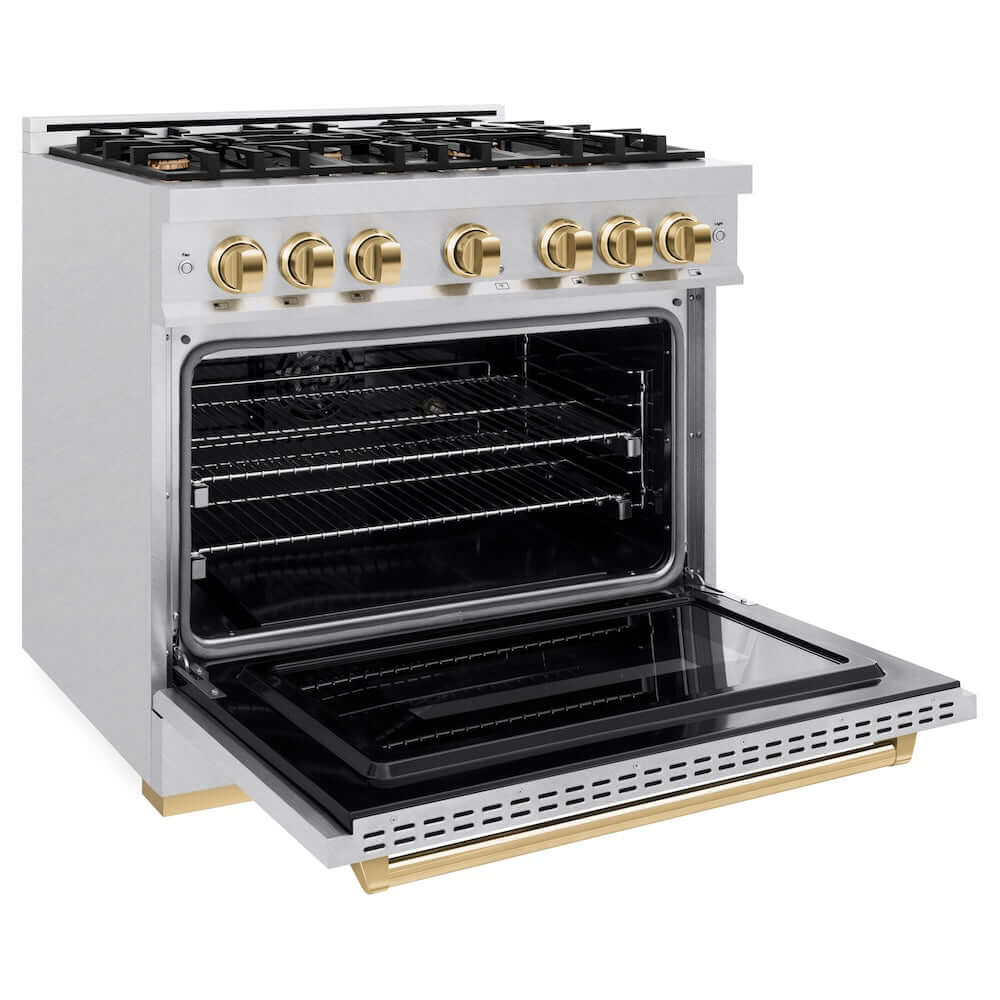 ZLINE 36" Classic Gas Range, Convection Gas Oven DuraSnow® Stainless Steel, Gold CGRSZ-36-G