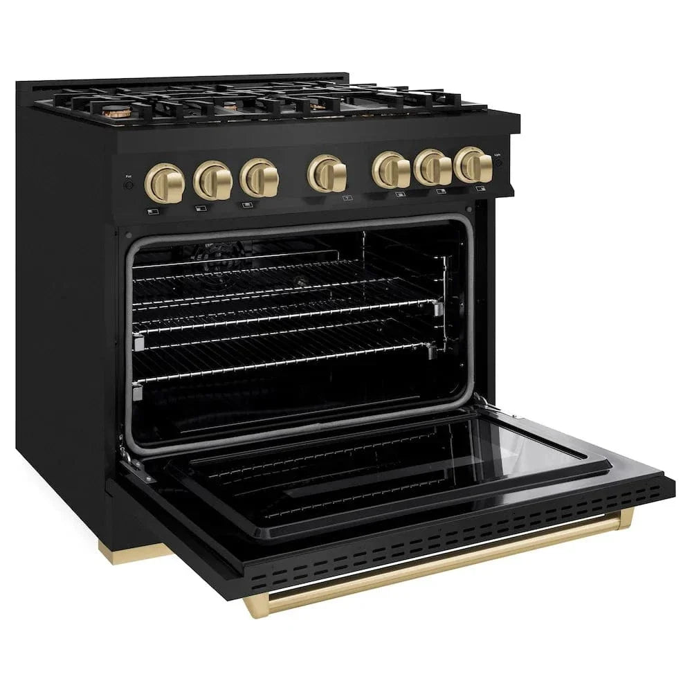 ZLINE 36" Dual Fuel Range, Gas Cooktop, Electric Convection Oven Black Stainless Steel, Champagne Bronze CDRBZ-36-CB