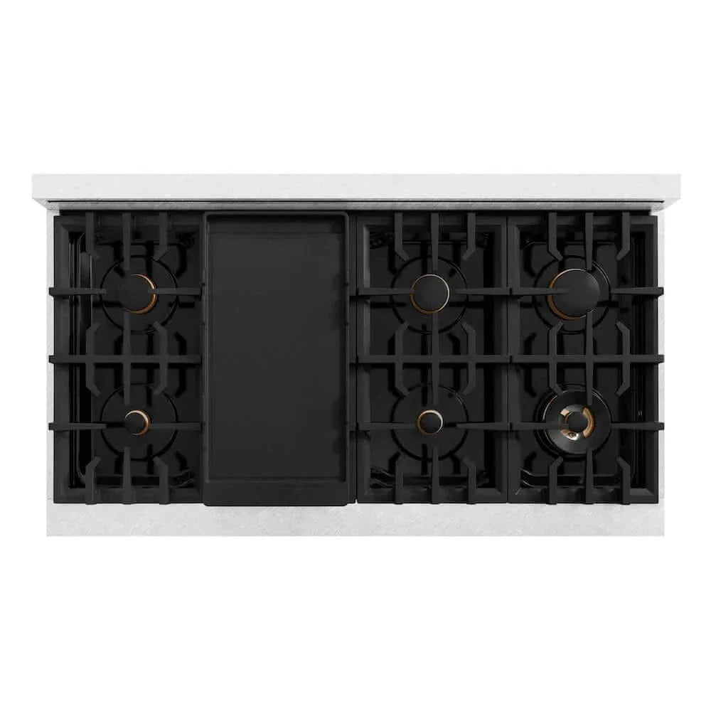 ZLINE 48" Select Gas Range  Convection Gas Oven DuraSnow® Stainless Steel Black Matte Door Gold HGRSZ-BLM-48-G
